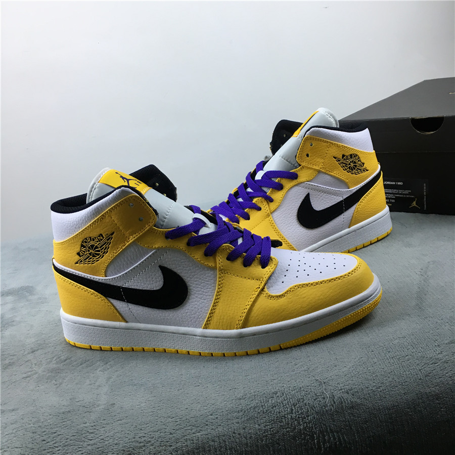 Air Jordan 1 Mid Lakers Yellow White Blue Black Shoes - Click Image to Close
